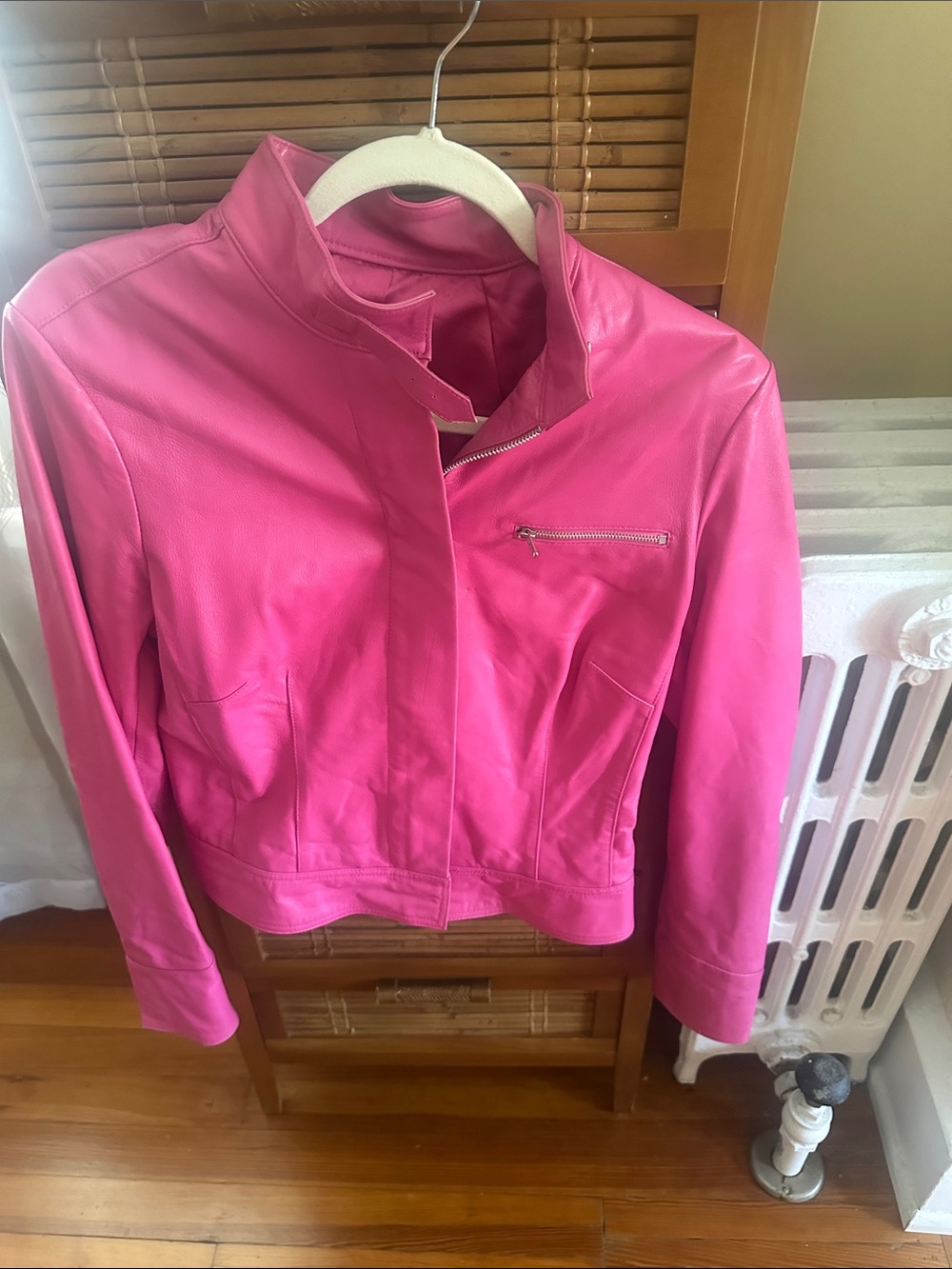 Cache Bright Pink Leather Jacket with Stand Collar